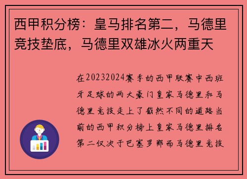 西甲积分榜：皇马排名第二，马德里竞技垫底，马德里双雄冰火两重天