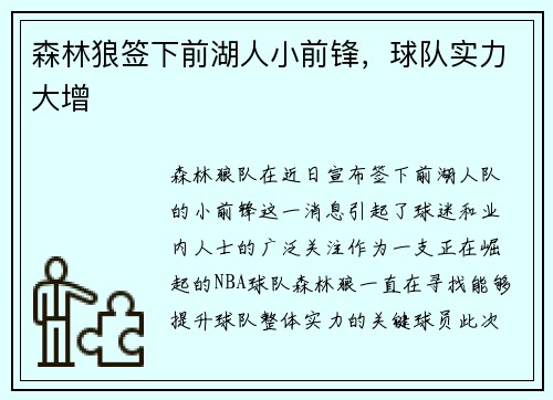 森林狼签下前湖人小前锋，球队实力大增